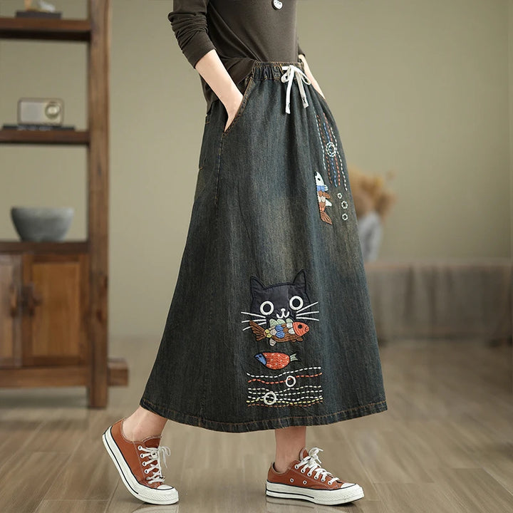 Cartoon Embroidery Denim Skirt