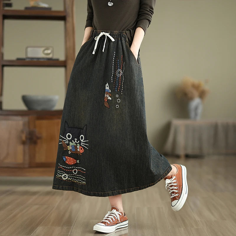 Cartoon Embroidery Denim Skirt