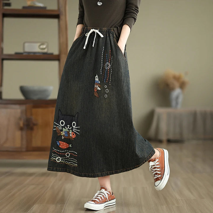 Cartoon Embroidery Denim Skirt